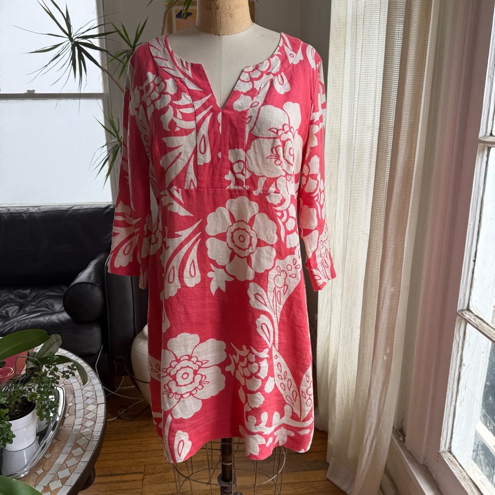 Boden Coral and Ivory Floral Linen Dress